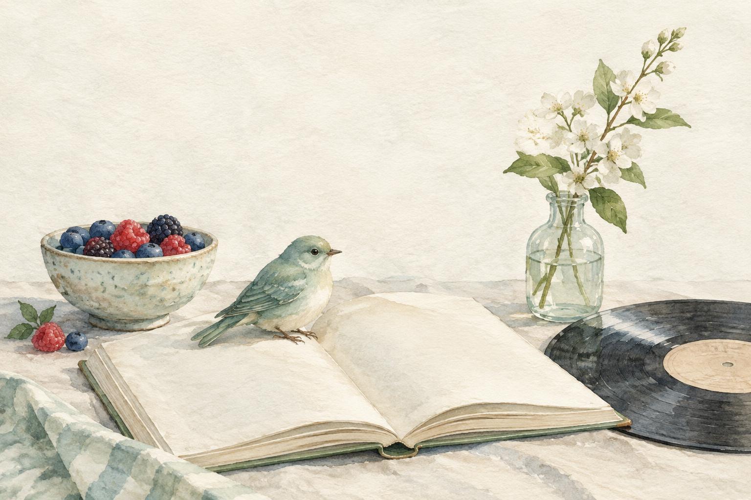 A small bird resting on an open book beside berries, flowers and a record